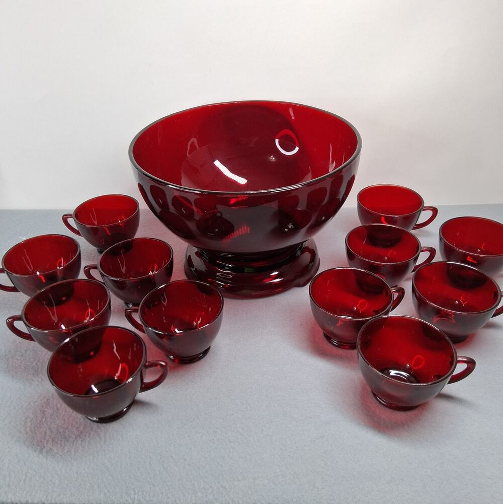 Anchor Hocking Royal Ruby Red Punch Bowl Stand 12 Cups Vintage